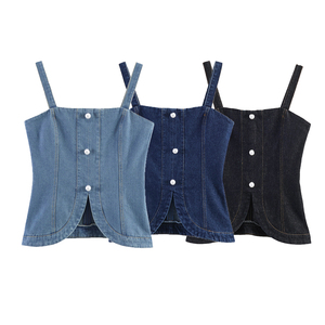 PB&ZA Donna 2026 Estate Nuova Moda Top in Denim Vintage Stile Cowboy Senza Maniche Scollo all'Americana Spalle Scoperte Canotta Chic - Product Image 1