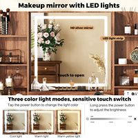 Ensemble de table de maquillage de luxe en noyer avec miroir éclairé par LED, bureau de maquillage avec plateau en verre et 9 tiroirs de rangement