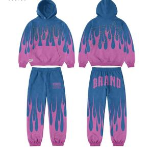 Conjunto Deportivo Unisex Completo, Sudadera con Capucha y Pantalones Deportivos, Estampado de Llamas Azules y Rosas, Ropa Urbana Informal de Otoño para Adultos, Corte Holgado - Product Image 1