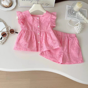 Nouvel Arrivage Ensemble 2 Pièces Décontracté d'Été pour Filles, Couleur Unie, en Polyester/Coton Respirant, Haut Rose Sans Manches et Short à Volants pour Enfants - Product Image 3