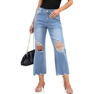 2025, pantalones vaqueros acampanados recortados de cintura alta a la moda para mujer, pantalones vaqueros con dobladillo crudo desgastados elásticos, diseño rasgado con características transpirables - Product Image 2