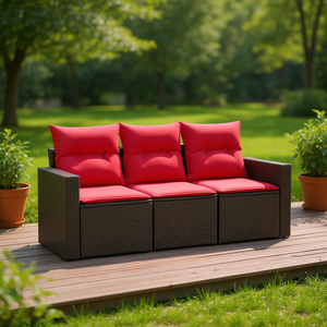 Ensemble de canapés de patio en polyrotin marron avec coussins, 3 places, meubles d'extérieur, style contemporain, design moderne - Product Image 2