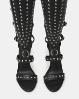 Bottes gladiateur sexy noires en cuir PU pour femme, à talon aiguille clouté, sandales romaines ajourées pour soirée
