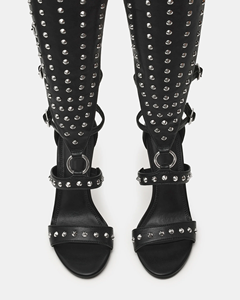 Botas Gladiador Negras de Cuero Sintético PU hasta la Rodilla para Mujer, con Tachuelas, Tacón de Aguja y Diseño Hueco, <span class=keywords><strong>Sandalias</strong></span> <span class=keywords><strong>Romanas</strong></span> para Fiesta - Product Image 5
