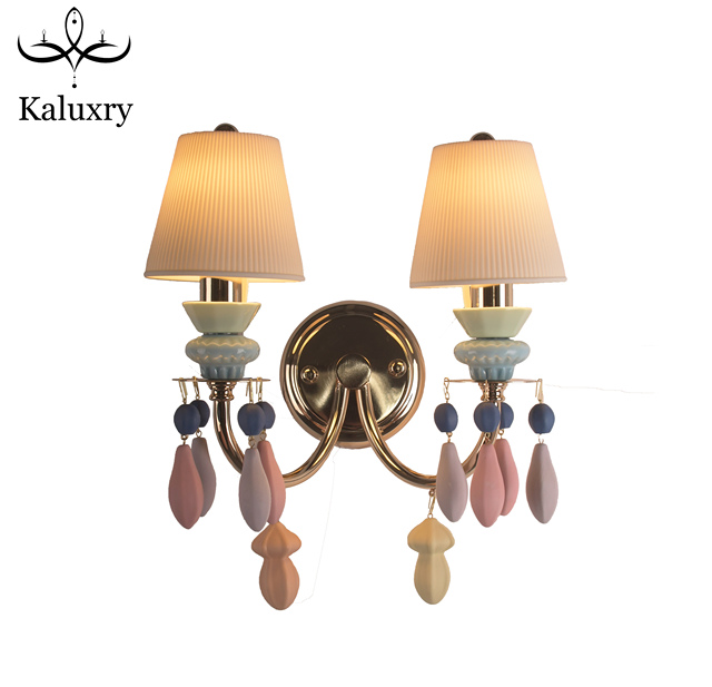 Nordic Gold Stainless Steel Ceramic Double-Hand LED Wall Sconce Fabric Lampshade Modern Bedroom Wall Lamp Dimmable Warm White