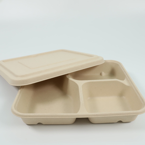 Custom Biodegradable Sugarcane Bagasse 3 Three Compartment Tray Eco Friendly Sugar Cane Lunch Food Plate With Lid