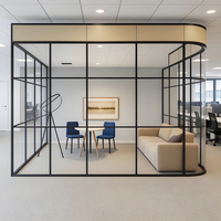 Cloison de séparation en verre à grille avec cadre en aluminium noir de style français, séparateur de pièce de bureau moderne, systèmes professionnels de planification d'espace intérieur