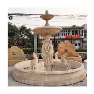 Antique hand carved limestone woman and horse statues water fountain for garden decoration