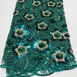 Garments accessories Tulle bridal voile lace material fabric african embroidery sequin beaded green lace fabric