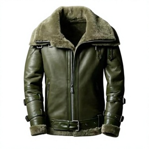 Men's Genuine Leather Aviator <b>Jacket</b> With Faux Fur Lining Windproof Moto <b>Biker</b> Style Winter Thick Zipper Closure Regular Fit - Product Image 1