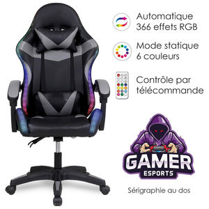 Chaise de jeu LED <span class=keywords><strong>GAMER</strong></span> Sérigraphie 366 Effets d'éclairage LED <span class=keywords><strong>Fauteuil</strong></span> télécommandé Chaise de bureau Noir Gris - Product Image 2