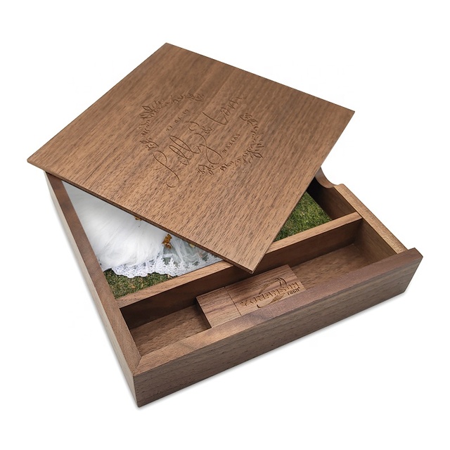Walnut Wooden Photo Album Box + USB Flash Drive Wedding Gifts Custom Engraved Logo USB Memory Stick Gift Box Wood Pendrive