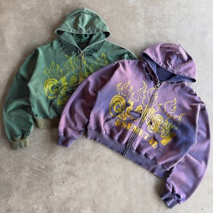 100% Cotton Drop Shoulder Zipper Hoodie Streetwear Acid Wash Distressed Oversized Hoodie Custom Heavyweight Men's Hoodies - Product Image 2