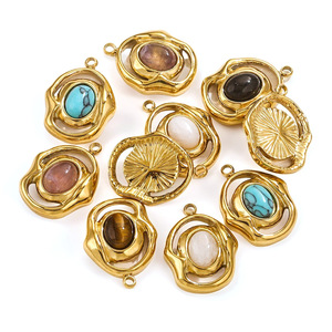 Pendentifs ovales en pierre naturelle en acier inoxydable plaqué or 18 carats pour la fabrication de bijoux DIY |   Turquoise, Œil de tigre, Améthyste, Quartz, Onyx - Product Image 2
