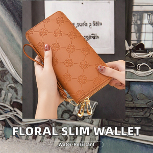 Portafoglio Vintage marrone sottile lungo da lavoro con chiusura a cerniera floreale ricamata personalizzata fodera in poliestere porta carte di credito - Product Image 2