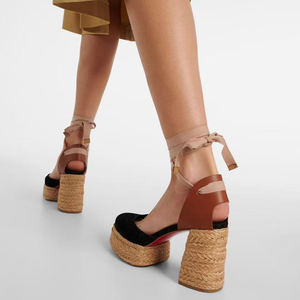 Sandales à talons hauts épais tressées en paille avec brides croisées à la cheville et plateforme, bout carré ouvert, pour femme, escarpins en daim à bout rond - Product Image 6