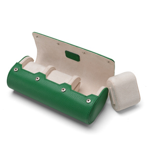 Étui de voyage portable haut de gamme pour montres, 3 emplacements, en cuir grainé vert avec intérieur en daim crème, boîte de rangement pour montres automatiques - Product Image 1