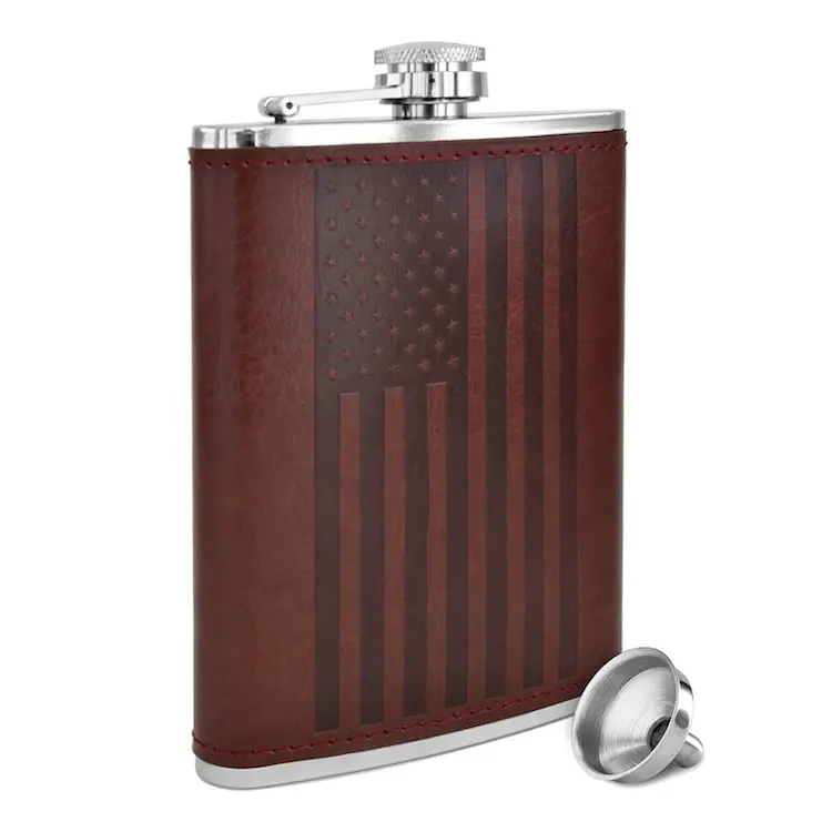 Wholesale personalized design stainless steel PU leather standard size 8oz hip flask with embossed logo