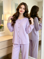 Ensemble de pyjama ample en fibre de bambou pour femme, col rond, style fin, longueur intégrale, pour chambres climatisées, cardigan à manches longues, collection automne