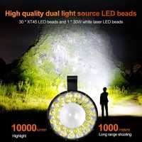 Linterna LED Láser Blanca 30*XT45 de 10000 Lúmenes, Alta Potencia, Integrada con Iluminación de Alcance y Proyección, Recargable y Portátil