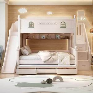 Lit superposé de style château en bois massif européen, double sur double, avec 2 tiroirs, 3 étagères et glissière pour lit mezzanine double - Product Image 2