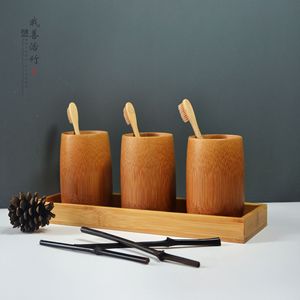 Bamboo Toothbrush Cup Set Three Piece Round Eco Friendly Bathroom Accessories - Product Image 1