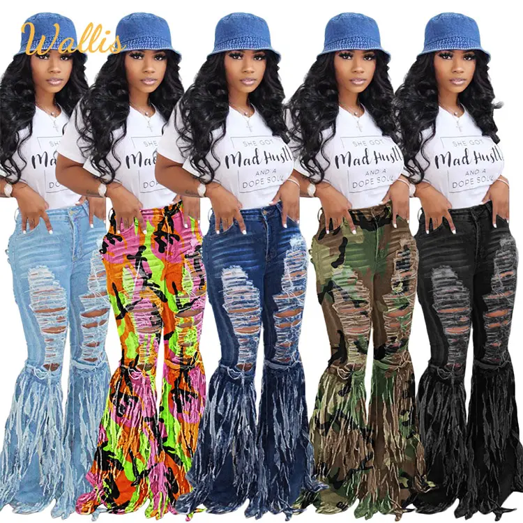 Fringed Women Jeans Bell Bottom Ripped Skinny Hole Classic Tassel Wash Water Vintage Lady Denim Flared Pants