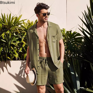 Nuovo Completo Estivo da <span class=keywords><strong>Uomo</strong></span> in Cotone e Lino, Set Casual da Esterno 2 Pezzi, Abbigliamento da Casa, Pigiama Morbido e Traspirante, Set da Spiaggia a Maniche Corte - Product Image 1