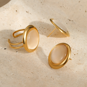 Ensemble minimaliste européen et américain de boucles d'oreilles et de bagues en titane avec pierres œil-de-chat, au design tendance et original. - Product Image 6