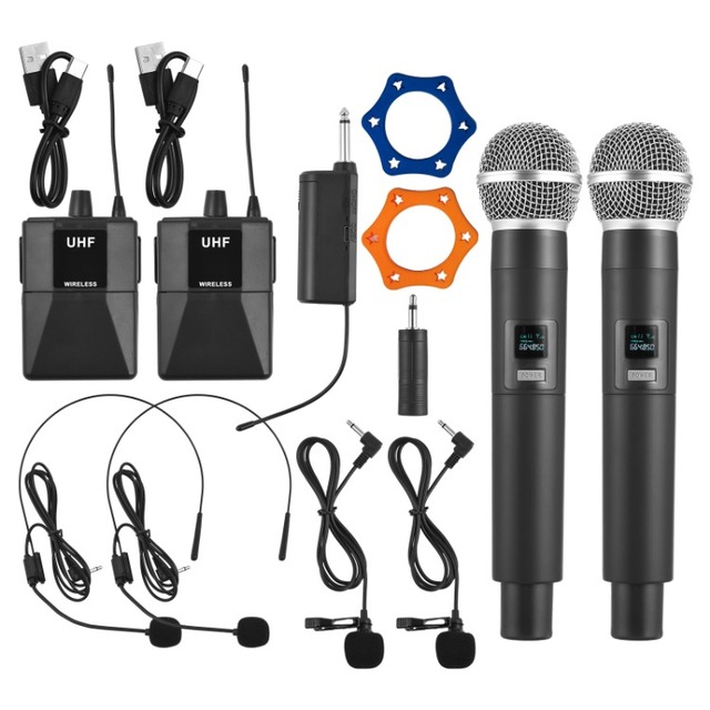 UHF Wireless Mic System Handheld Dual Microphone with Receiver Wearable Transmitter Headworn and Lavalier Microphones