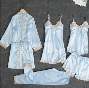 Sfy-y5025 Conjunto de Pijamas de Encaje de Poliéster Sexy de Alta Calidad de 5 Piezas con Bordado 3D, Top, Pantalones Cortos, Pantalones Largos y Bata para Mujer - Product Image 4