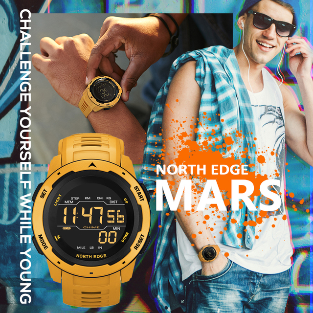 NORTH EDGE Mars Sports Watches Dual Time Pedometer Alarm Clock Waterproof 50M Digital Watch Multi-Function Watch