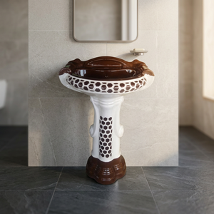 Big Sterling Brown <b>Rustic</b> Ceramic Pedestal Wash Basin Set Round Porcelain Designer <b>Bathroom</b> Sink - Product Image 2