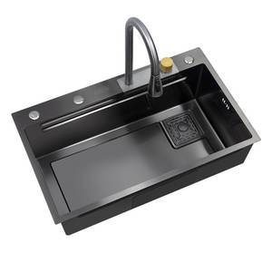 Fregadero de Cocina Grande de un Solo Tazón, Hecho a Mano, de Acero Inoxidable 304 Negro Nano, Modelo Rainfall Waterfall - Product Image 2