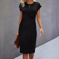Robe midi moulante à manches courtes pour femme, avec col rond, couleur unie, décontractée, pour le bureau et les sorties en soirée