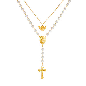 European American Style Oval Pearl <b>Rosary</b> <b>Necklace</b> With Angel Cross Stainless Steel Religious Jewelry Unisex - Product Image 5