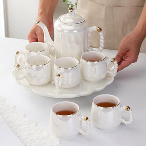 Service à eau en céramique blanc nacré de luxe léger, ensemble de tasses à café et pot, cadeau haut de gamme, service à thé domestique - Product Image 3