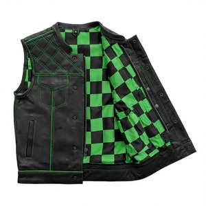 Men's Solid Black Green Quilted Genuine Leather Biker <b>Vest</b> with Pockets Windproof Motorcycle Outerwear Winter - Product Image 4