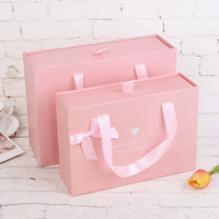 Boîte à bijoux, bonbons ou sous-vêtements rose mignonne en gros, avec emballage tiroir, poignée, pliable, rectangulaire, avec nœud en ruban offset