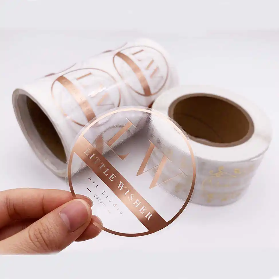 Custom Logo Color Golden Foil Adhesive Round Vinyl Waterproof Transparent LOGO Stickers Roll Labels