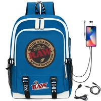 Tas Ransel Pria Gaya Smoke Shop Streetwear untuk Perjalanan, Motif Cookie Backwoods RAW Kartun Anime, Bahan Oxford, Dilengkapi USB Charger