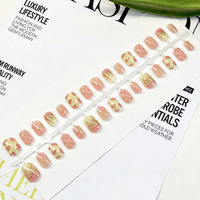 Lot de 30 faux ongles à presser, best-seller transfrontalier automne/hiver, dorés, en forme d'amande, pré-dessinés, avec motifs 3D en relief et motifs de dessins animés