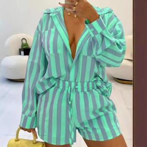 Plus size shirt met lange mouwen, shorts, dames casual gestreept bedrukt 2-delig set mode - Product Image 4