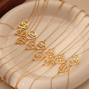 Pulsera de Joyería Versátil de Moda, Pulsera de Acero Inoxidable Chapada <span class=keywords><strong>en</strong></span> Oro de 18K <span class=keywords><strong>con</strong></span> Dije de Corazón y 12 Signos del Zodiaco para Mujer - Product Image 1