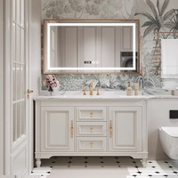Ensemble de meubles de salle de bain en bois massif de style américain, lavabo en dalle de roche intégré sans joint, meuble de lavabo double à poser au sol