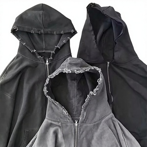 Felpa con Cappuccio da Uomo Nera in Cotone 100% Lavato, Stile <span class=keywords><strong>Streetwear</strong></span> Personalizzato, 400gsm French Terry, Effetto <span class=keywords><strong>Vintage</strong></span> Distressed con Lavaggio Acido e Zip - Product Image 1