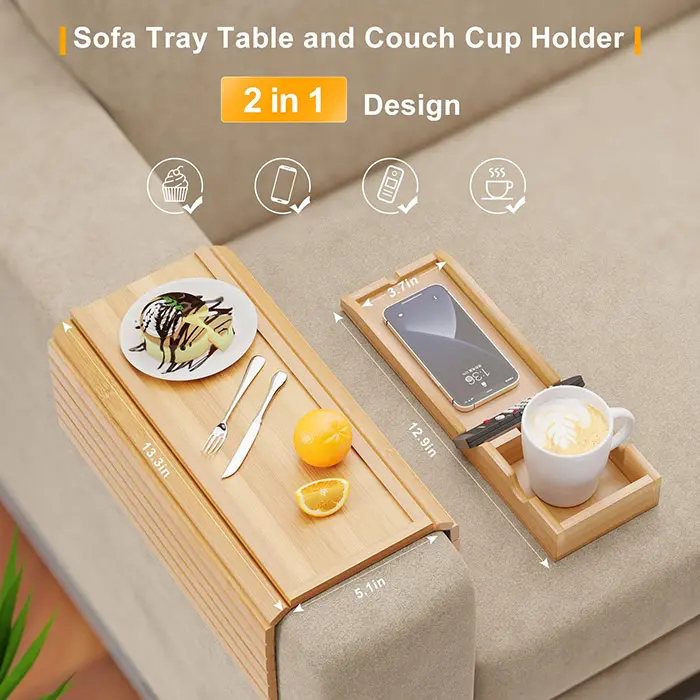 Bandeja de braço dobrável com suporte removível para copos de sofá 2 em 1 Bandeja de mesa para bebidas remoto