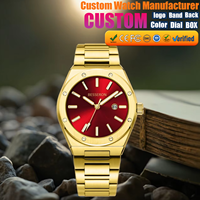 Reloj de Lujo de Alta Calidad para Negocios, con Logotipo Personalizado, Cuarzo Rojo Sol, Analógico, Oro de 18k, 42mm, Correa de Acero Inoxidable y Caucho
