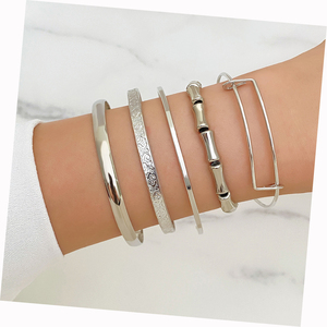 KISSWIFE Ensemble de 5 bracelets multirangs couleur argent, bracelet jonc en <span class=keywords><strong>bambou</strong></span> noué, bracelet tendance pour femmes - Product Image 2