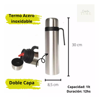 Kit de Termo de Acero Inoxidable de Doble Capa con Media Manija 1 L, Mantiene 24 hs, para Mate Paraguayo